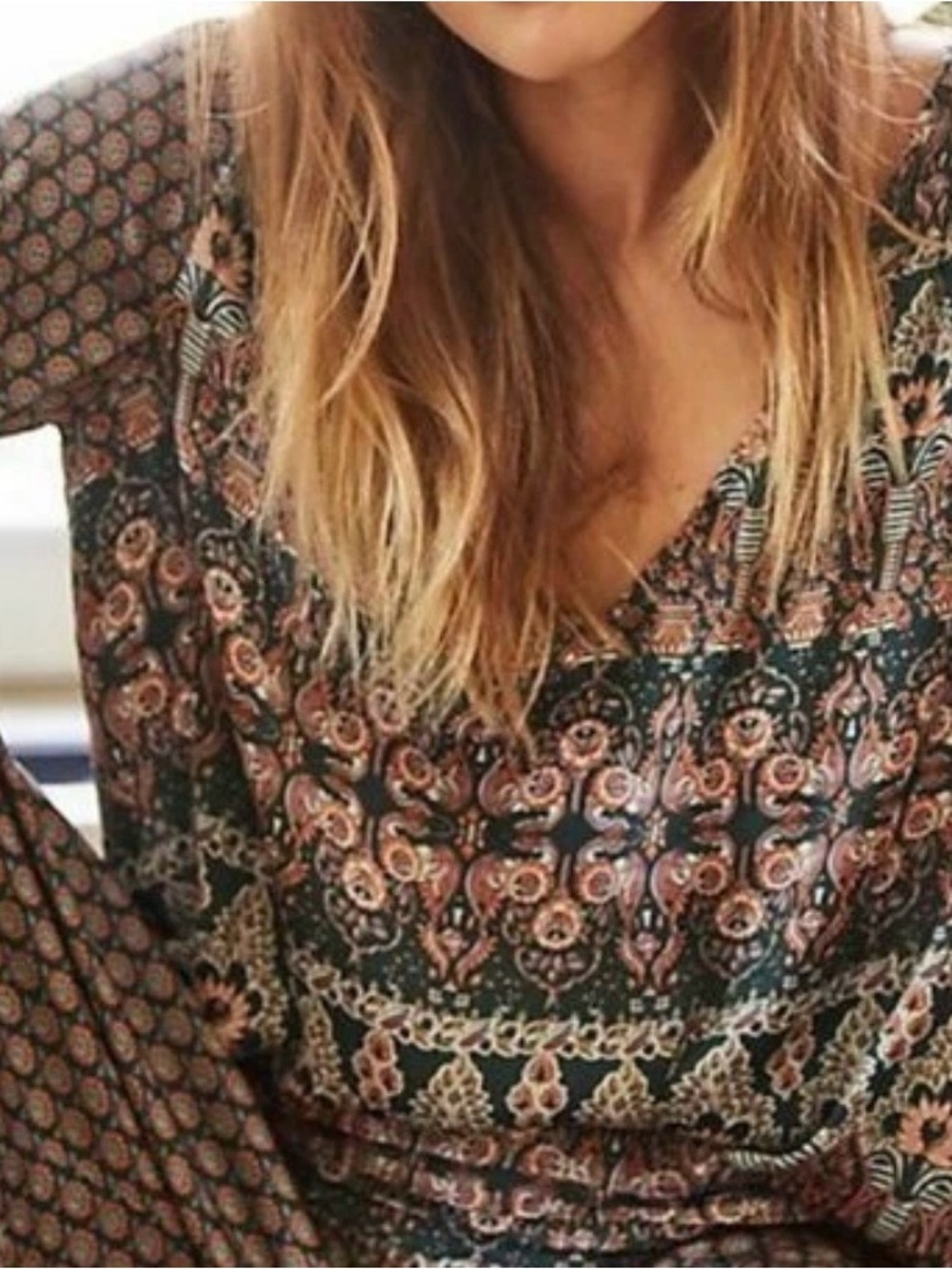Anthropologie Teal and Pink Paisley-Print Peasant Blouse